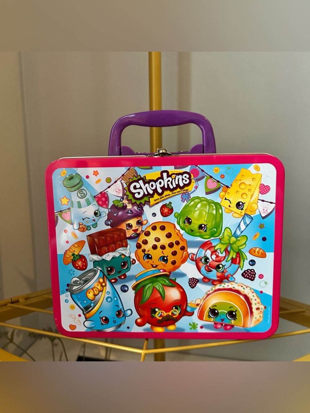 Shopkins Pink and Purple Tin Lunchbox with Colorful Character Art
